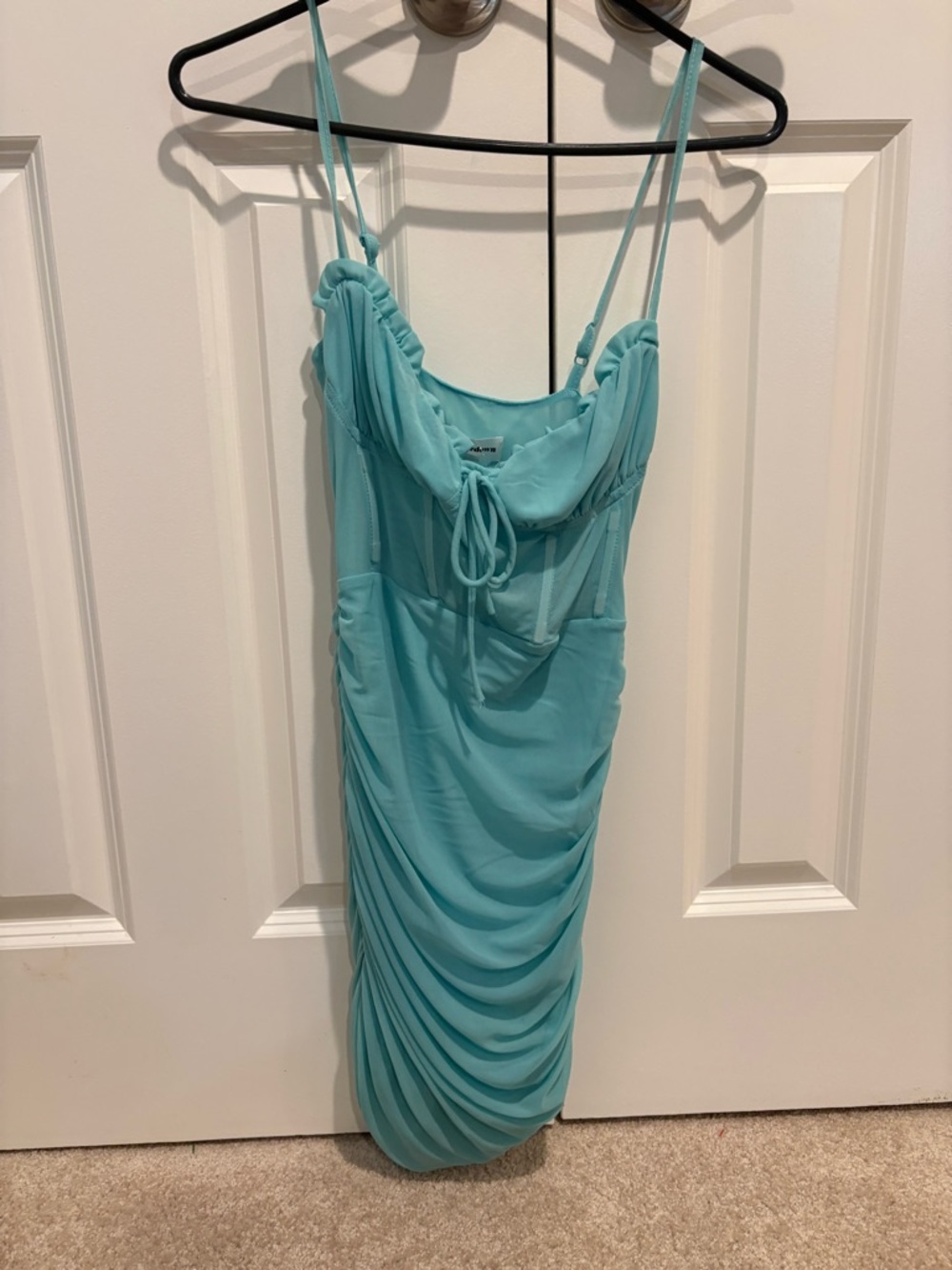 NWT Showpo Riley Ruched Mini Dress in Teal Size S - Picture 3 of 8